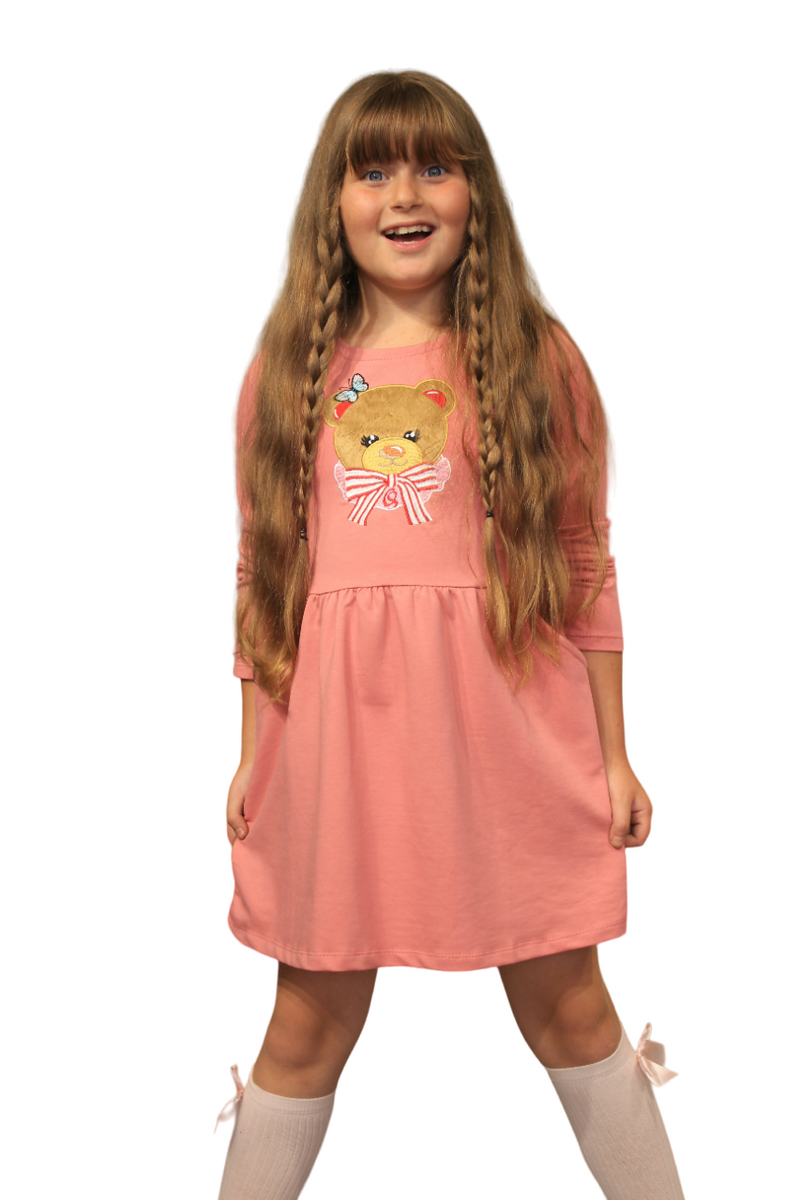 Long Sleeve Girl's Dress with Soft Fur Bear Applique