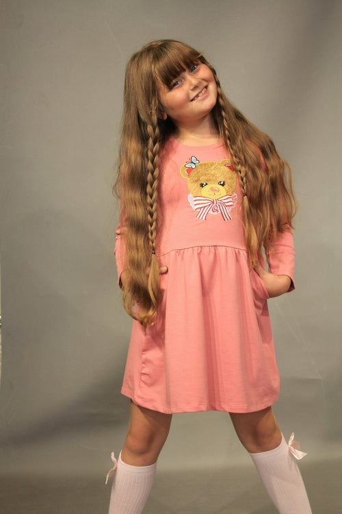 Long Sleeve Girl's Dress with Soft Fur Bear Applique